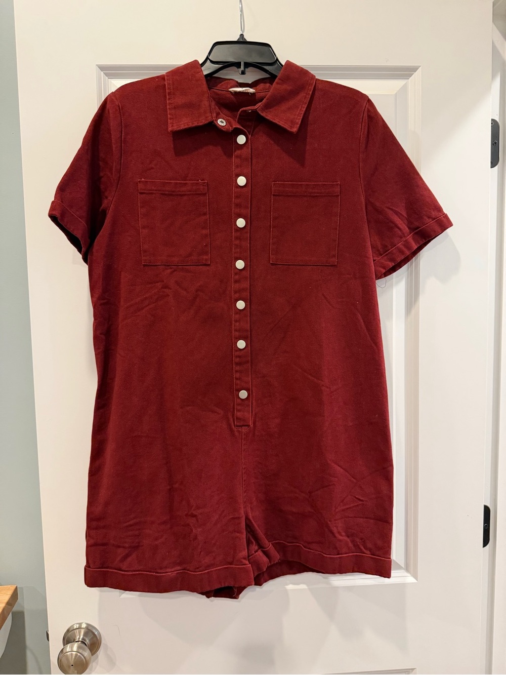 Storia Short-Sleeve Button Romper in Deep Burgundy